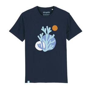 Blue 100% organic coral modernist blue T-shirt alongside