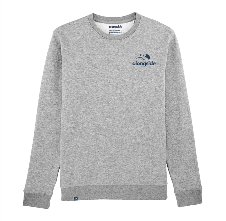 Grey sustainable vegan sweater alongside