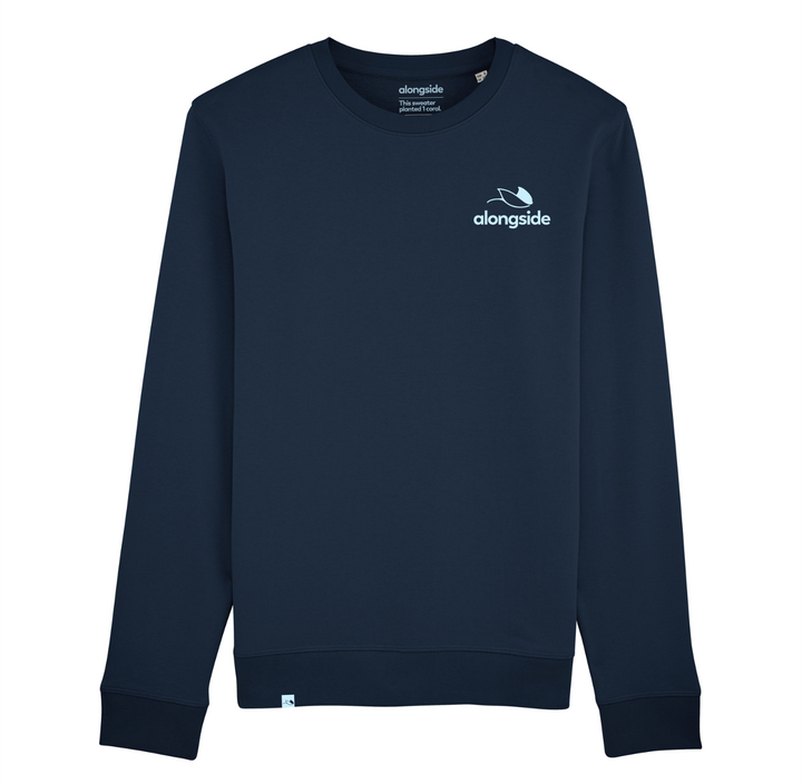 Sustainable navy blue vegan sweater alongside