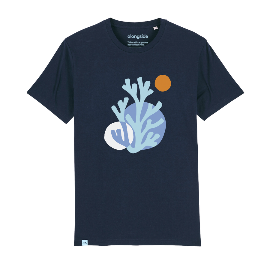 Camiseta azul 100% orgánica coral modernista alongside